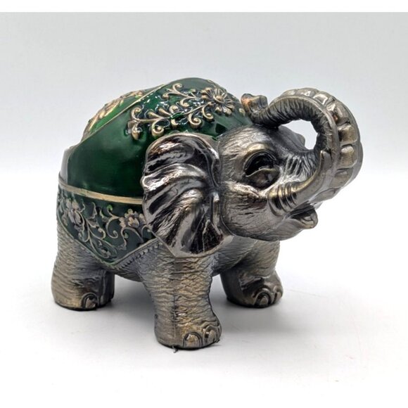 Vtg Enameled Metal Elephant Cigarette Ashtray with Hinged Lid Green Brass 6" - Picture 1 of 8